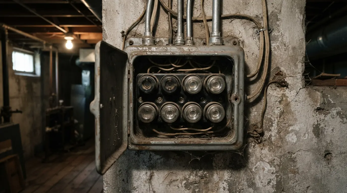 Old screw-in fuse box in the basement of an Oklahoma City bungalow