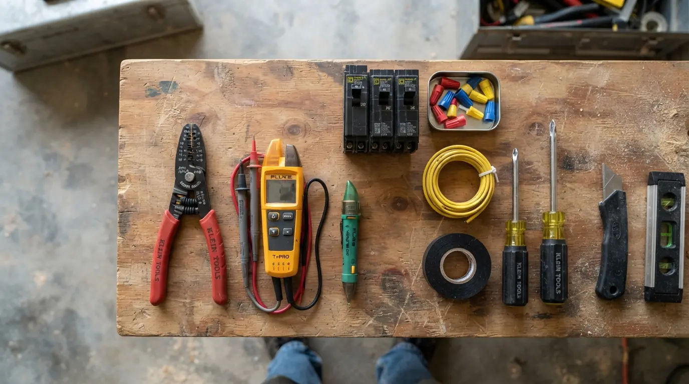 Electrician tools and replacement breakers on a workbench in Oklahoma City