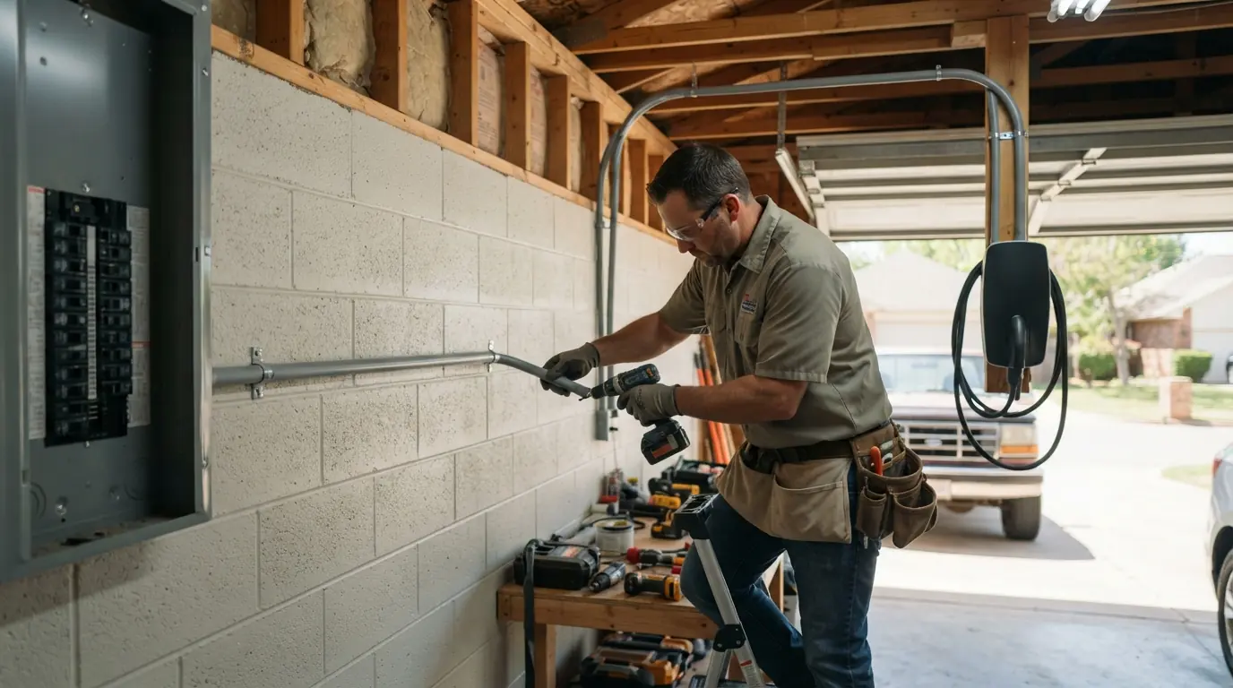 Electrician running conduit for an EV charger circuit in Oklahoma City