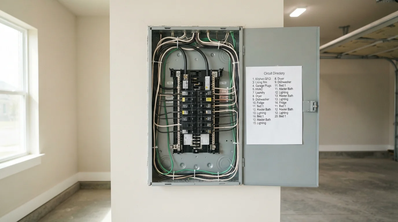 New panel with labeled circuits in a new-build garage in Oklahoma City