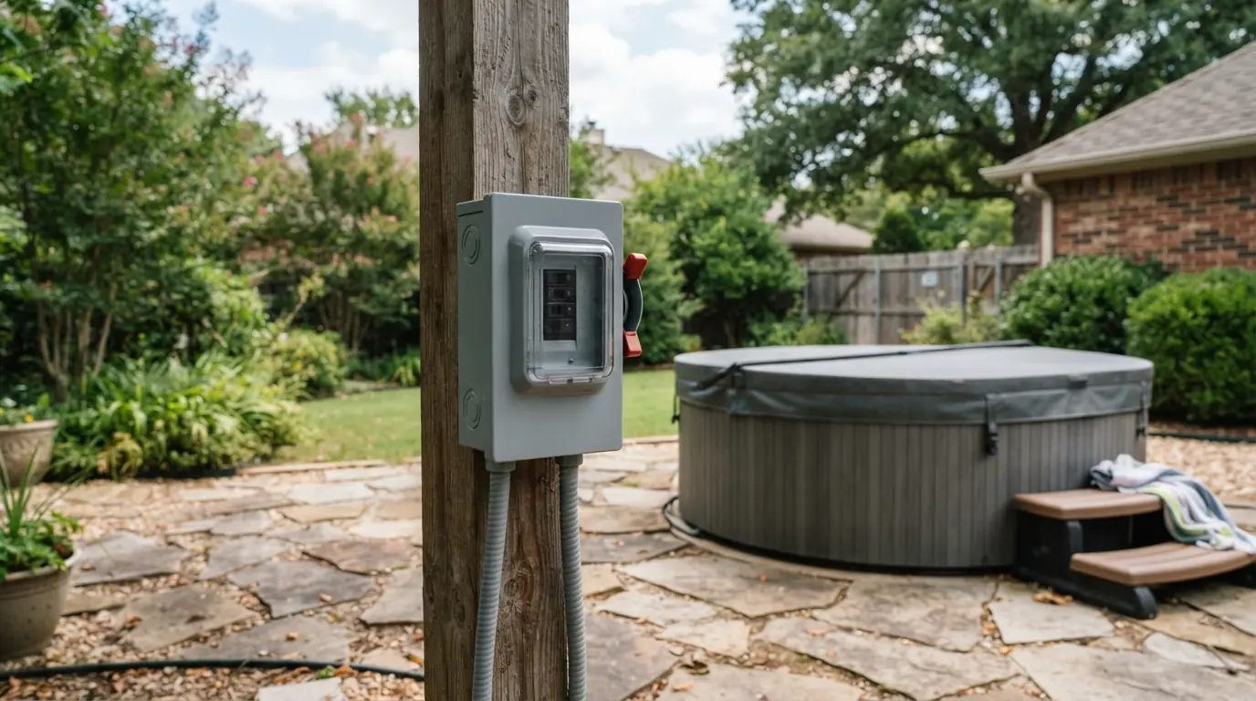GFCI disconnect installed beside a backyard hot tub in Oklahoma City