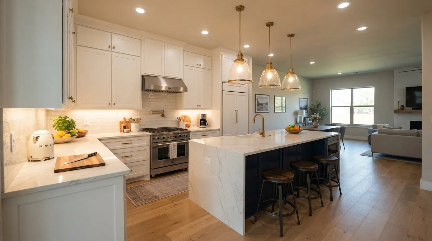 Trimmed-out kitchen with recessed lights in a new Oklahoma City home