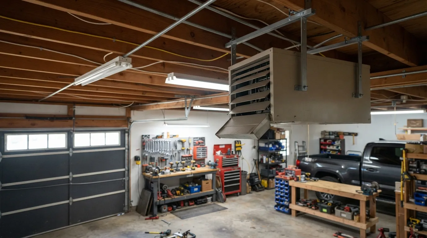 Ceiling-mounted electric garage heater in an Oklahoma City shop