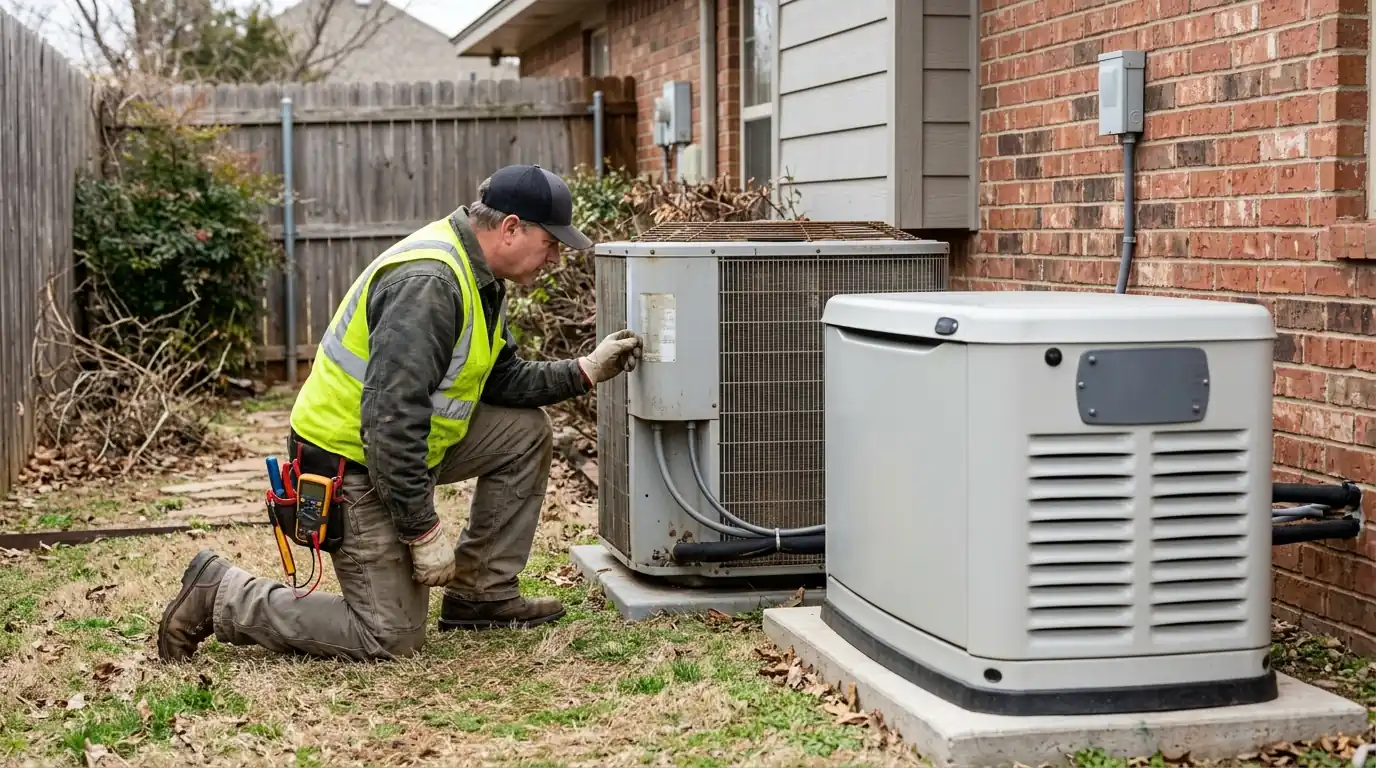 Electrician checking an AC condenser nameplate beside a standby generator in Oklahoma City