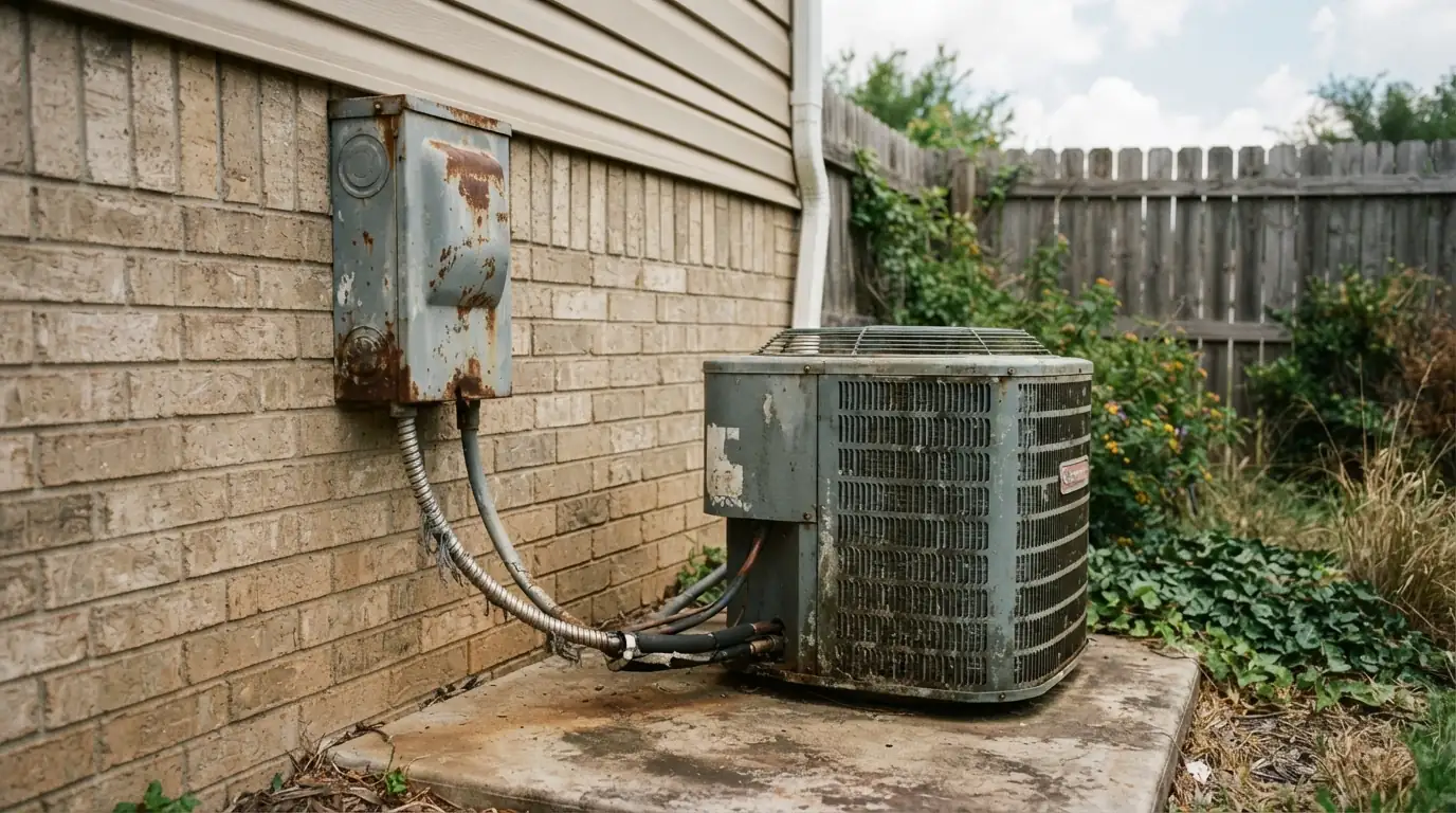 Corroded AC disconnect box beside a condenser in Oklahoma City