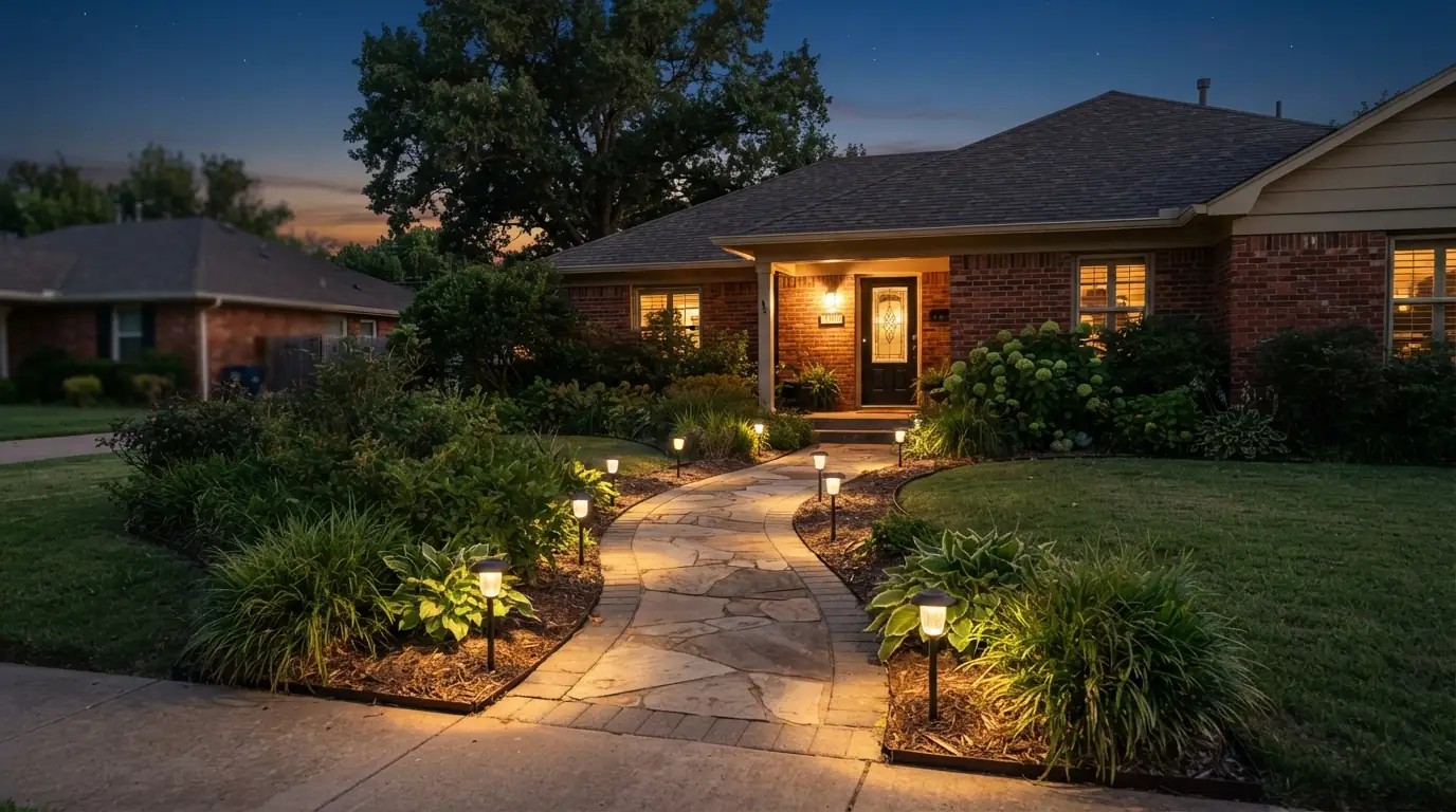 Warm path lights along a front walk at dusk in Oklahoma City