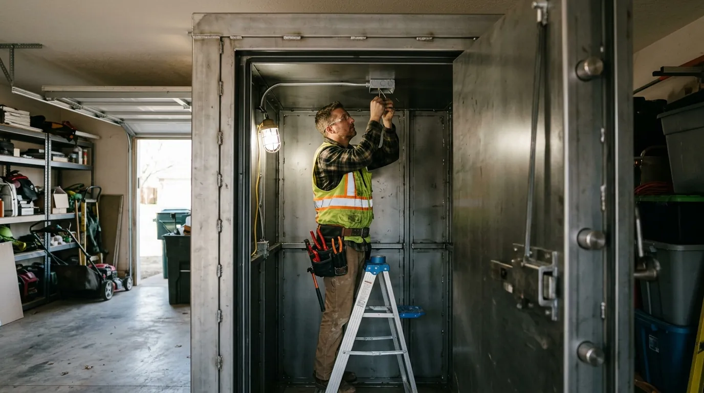 Electrician wiring a light inside a safe room in Moore