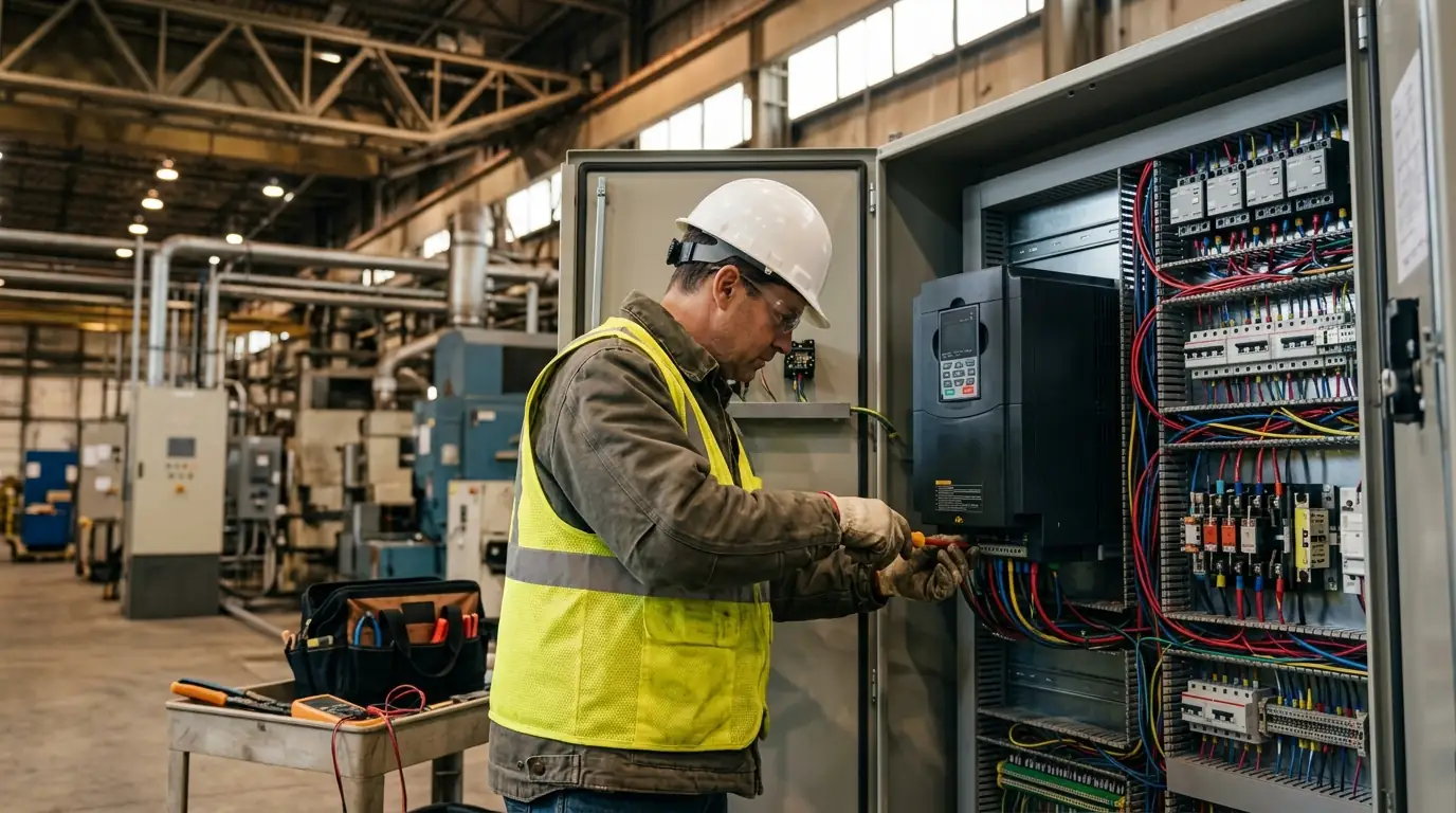 Electrician wiring a variable frequency drive in an industrial control cabinet in Oklahoma City