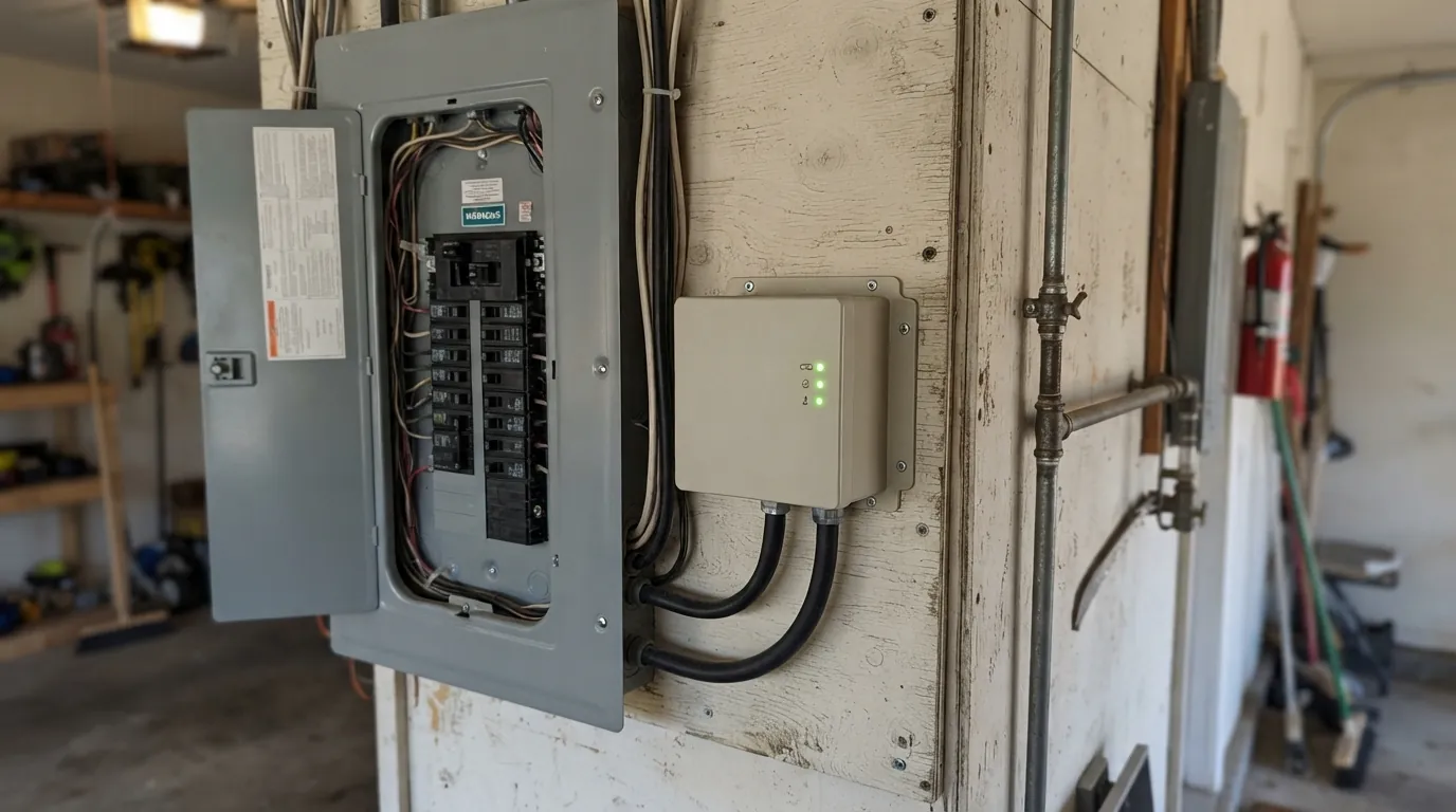 Whole-home surge protector mounted beside a panel in an Oklahoma City garage