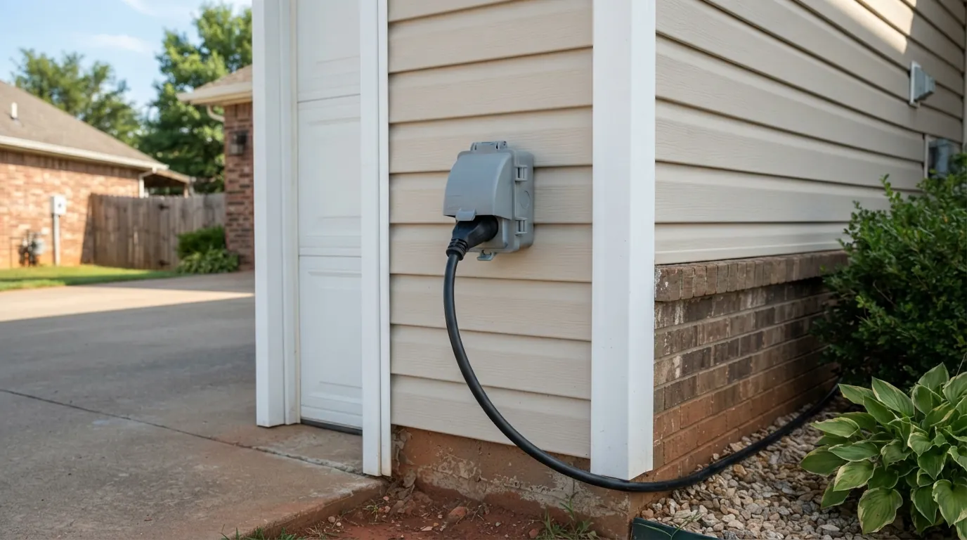 50 amp RV outlet installed on the side of an Oklahoma City garage