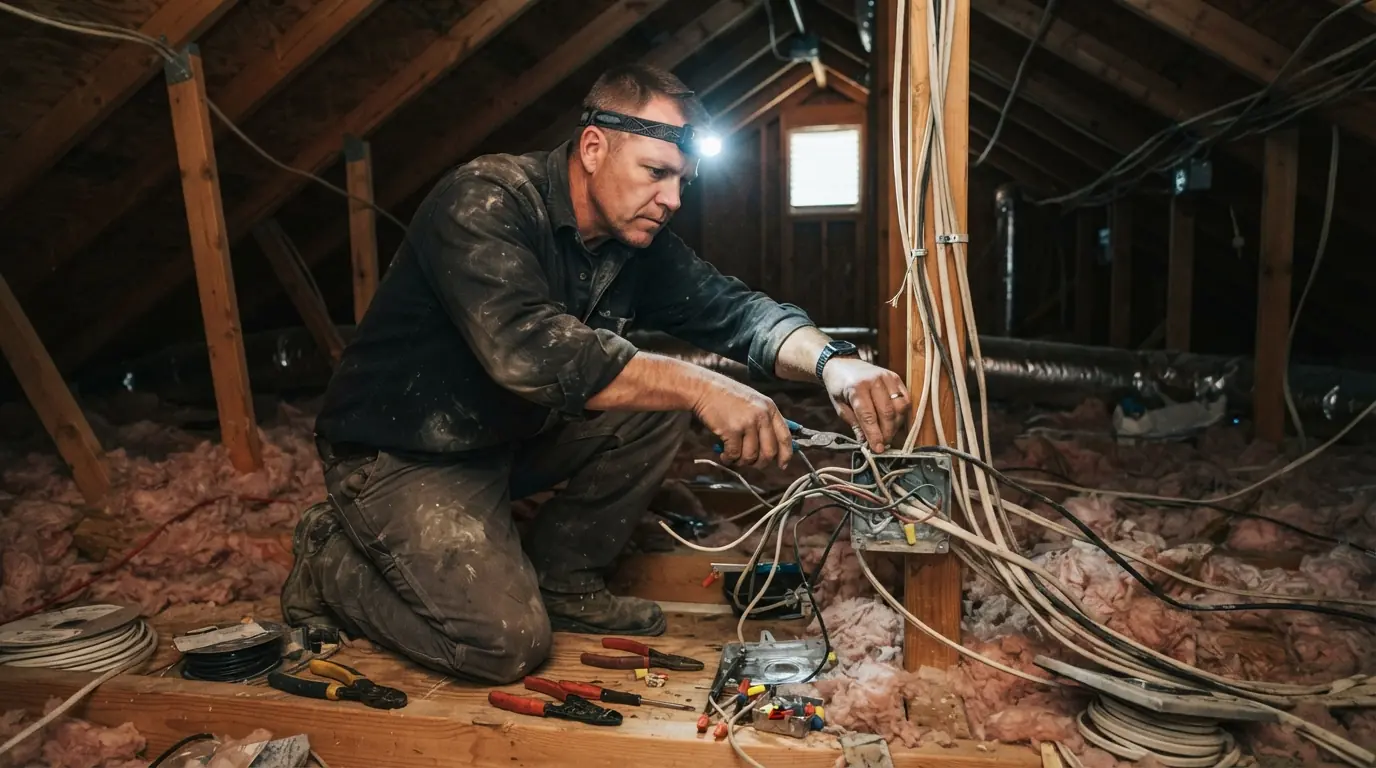 Checking attic wiring with a flashlight during an electrical inspection in Oklahoma City