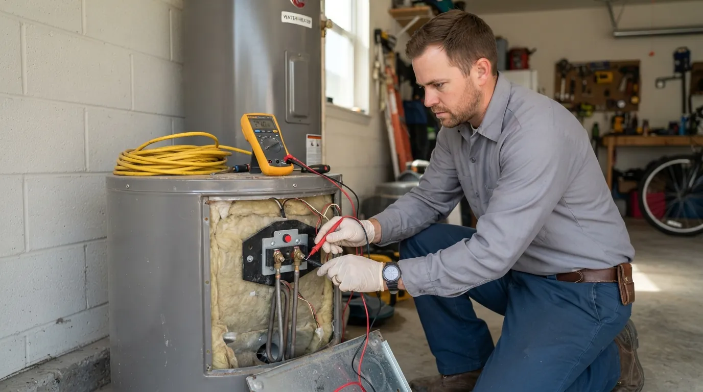 Electrician testing a water heater element with a meter in an Oklahoma City garage