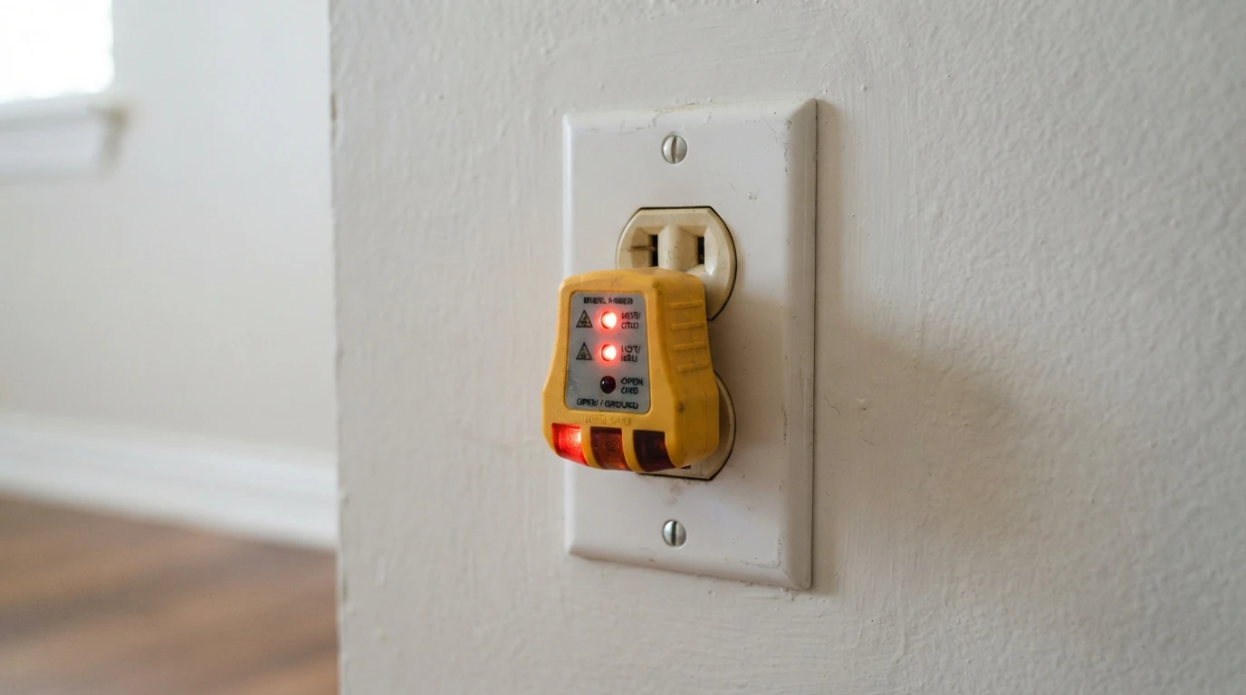 Outlet tester showing an open ground on a three-prong outlet in Oklahoma City