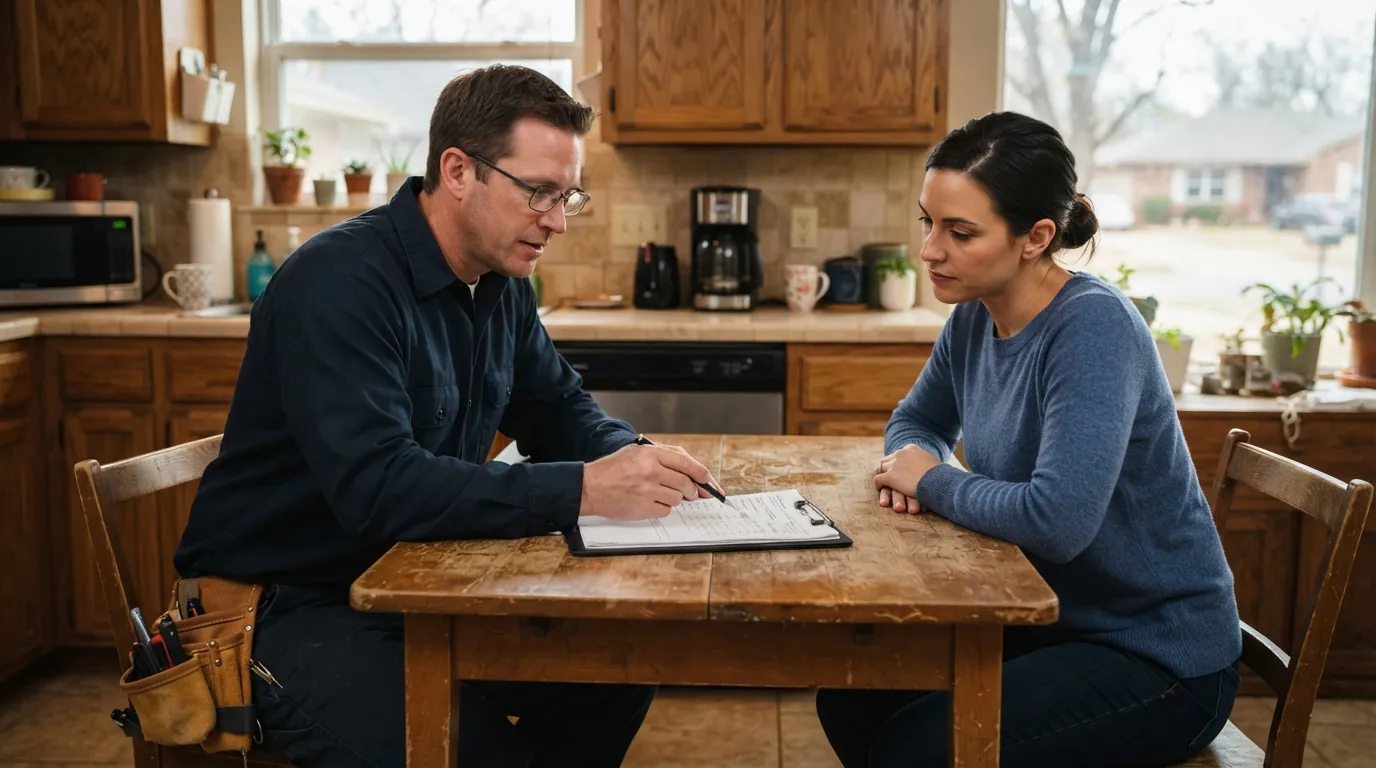 Electrician reviewing a written quote with a homeowner in Oklahoma City
