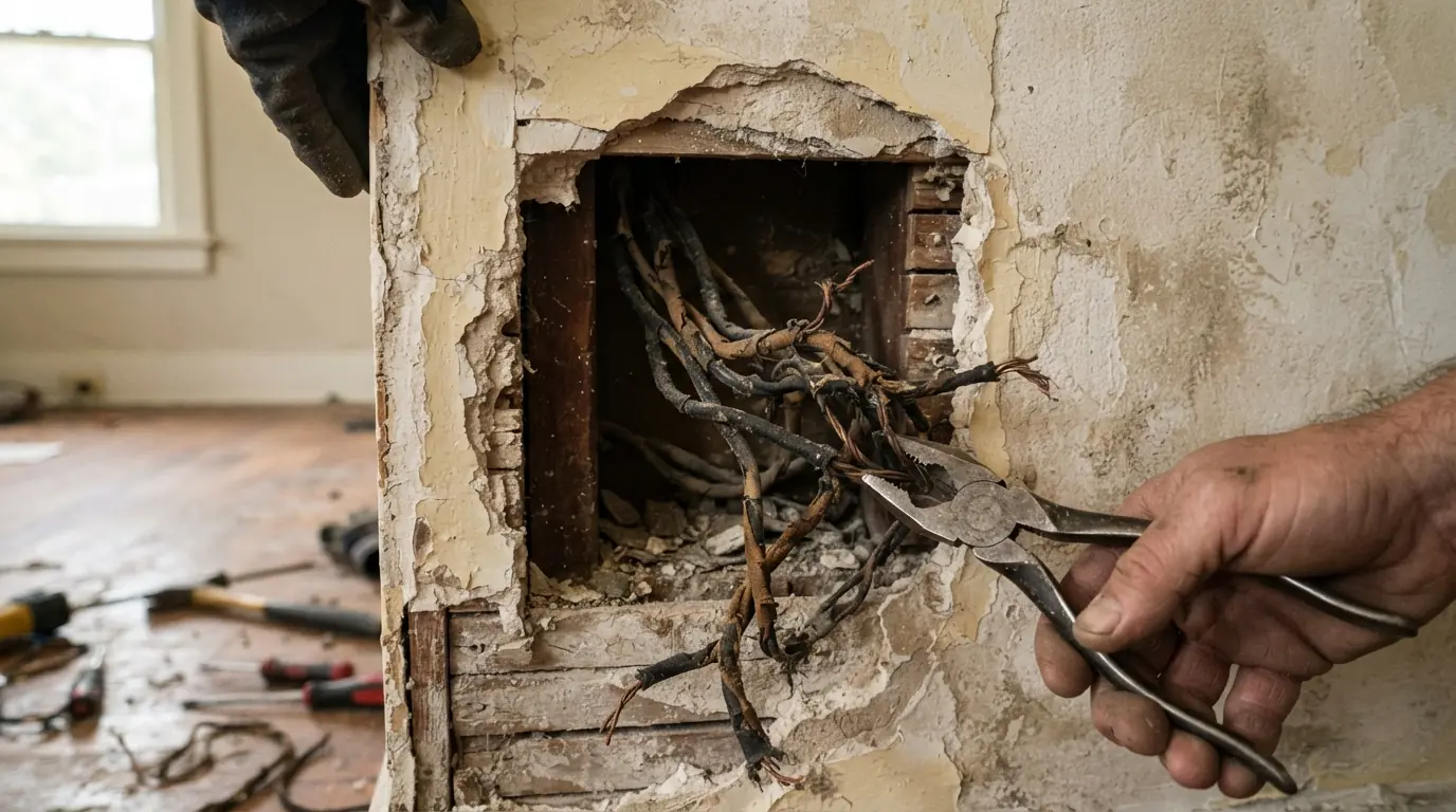 Old cloth-insulated wiring pulled from a wall during a rewire in Oklahoma City