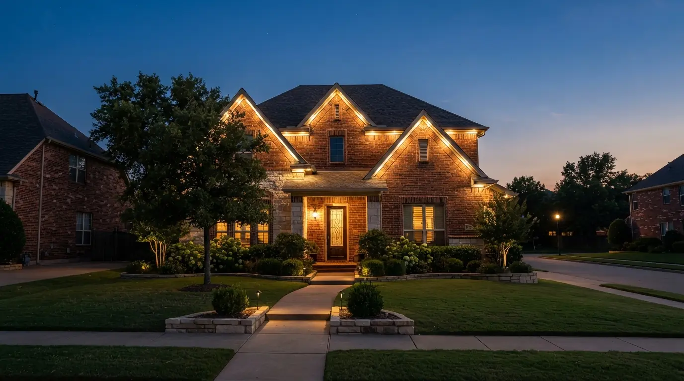 Permanent LED lighting glowing warm white along the eaves of an Oklahoma City home