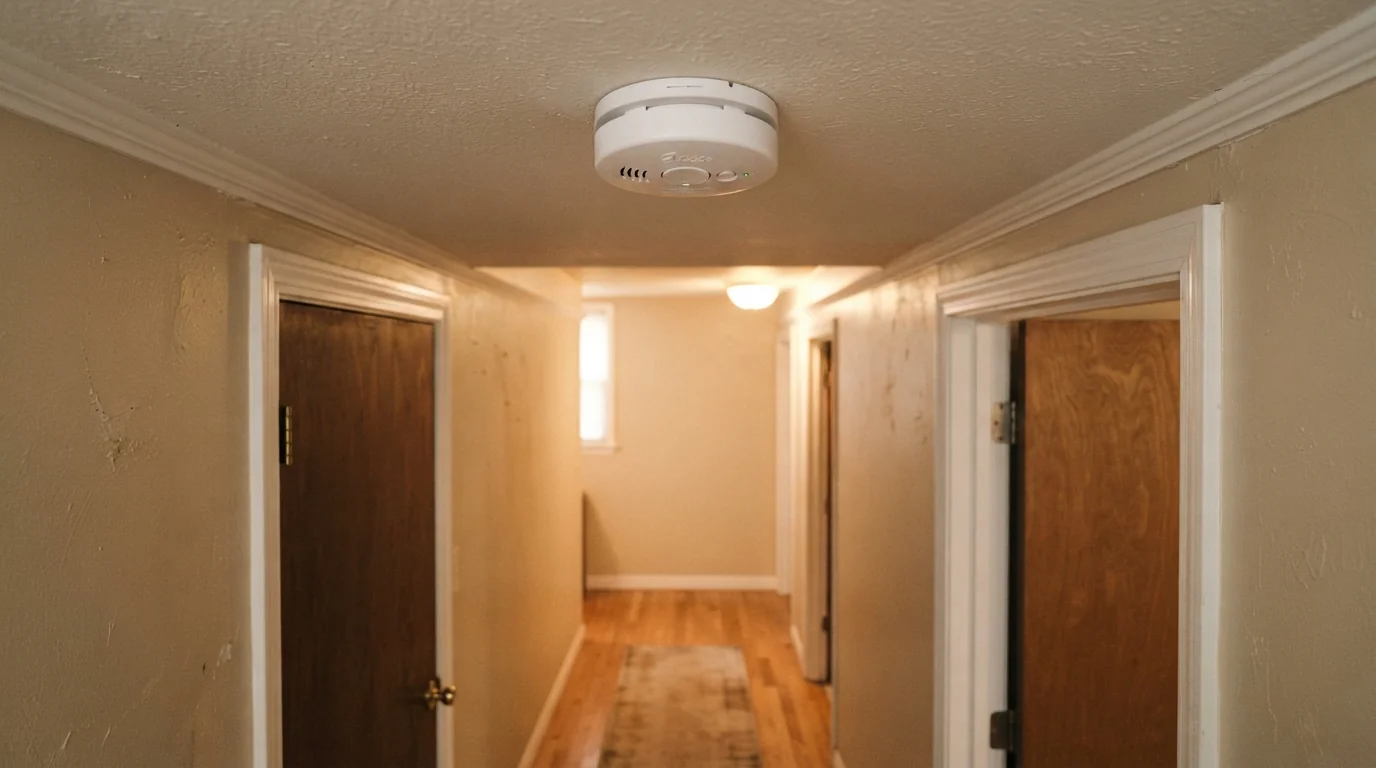 Smoke alarm on a hallway ceiling outside bedrooms in an Oklahoma City home
