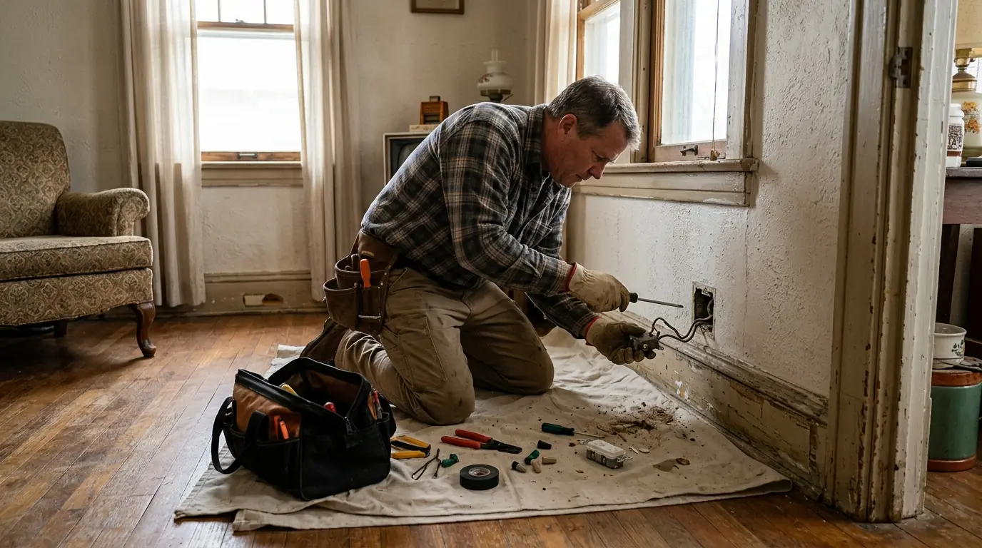 Electrician replacing an outlet in a 1940s Del City home