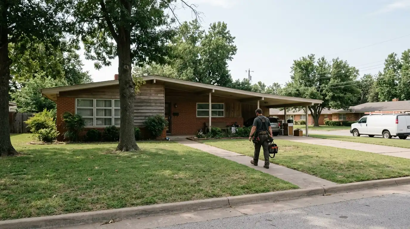 Electrician walking to a mid-century home in The Village