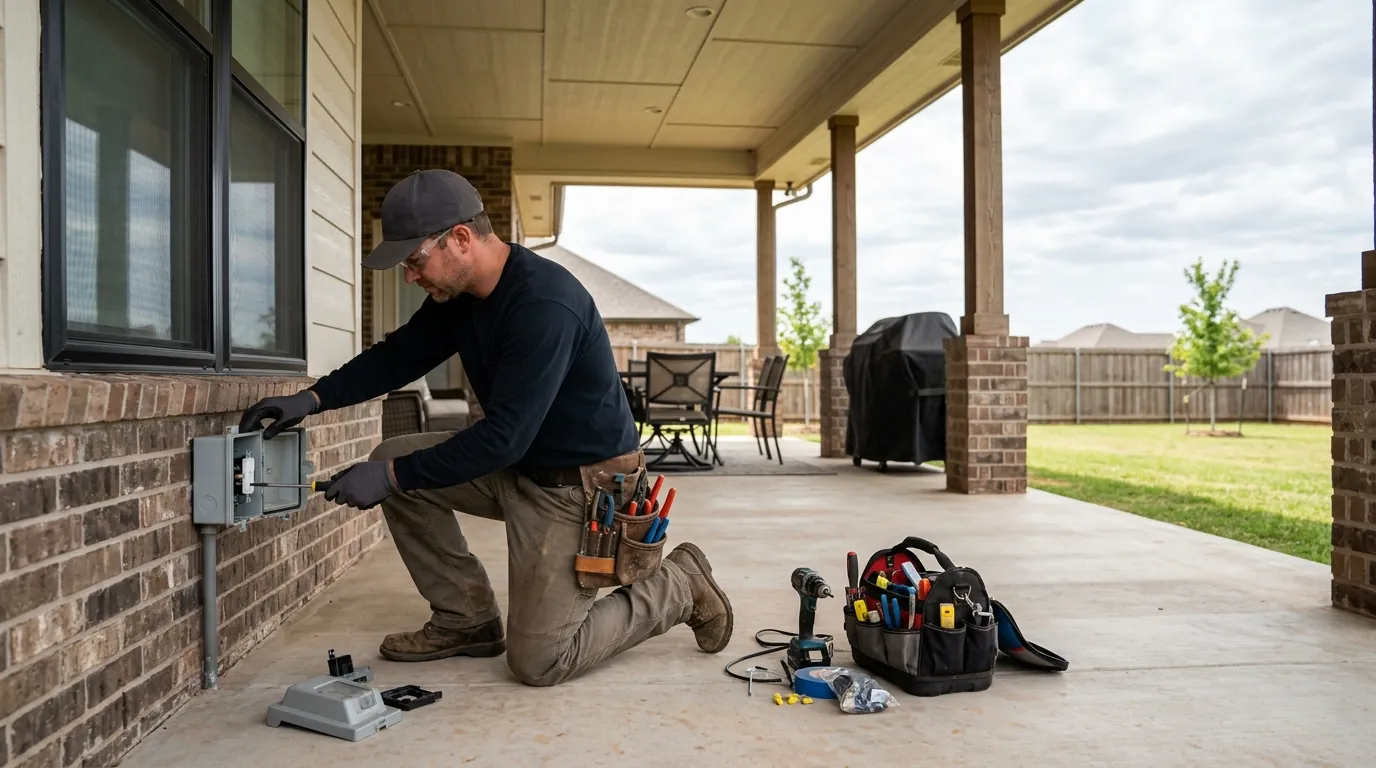 Electrician wiring a covered patio in Mustang