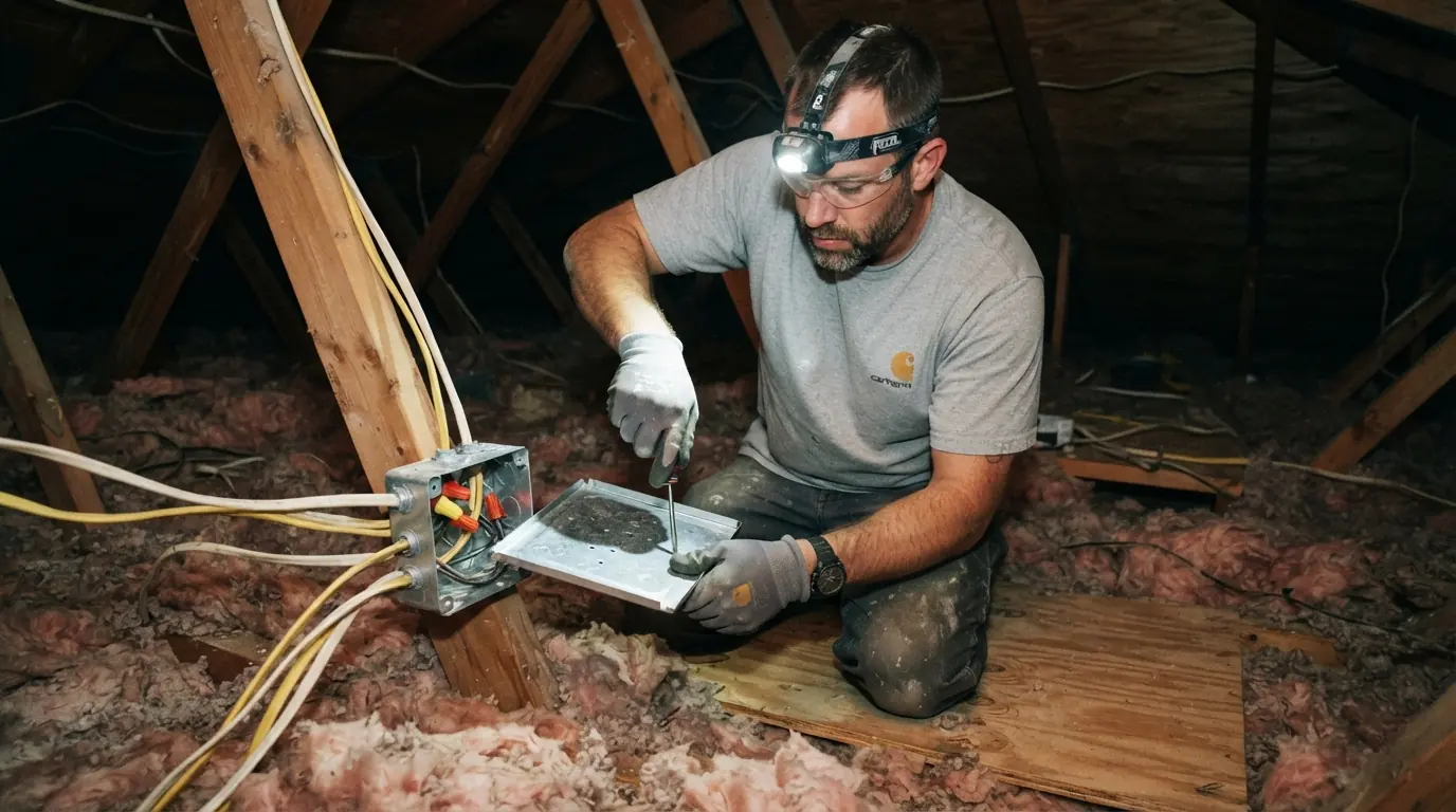 Open junction box in an attic being fitted with a cover in Oklahoma City
