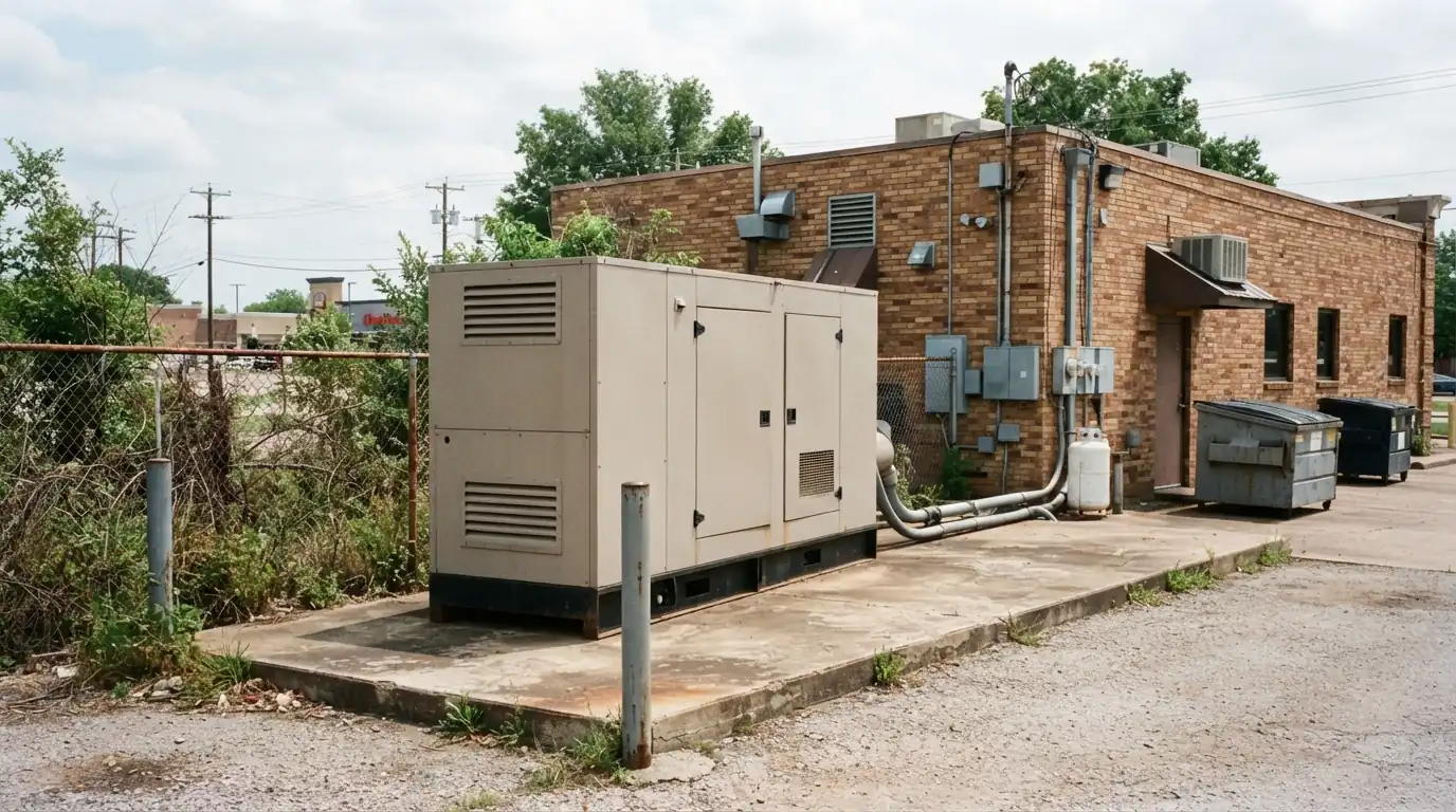 Commercial standby generator on a concrete pad behind a restaurant in Oklahoma City