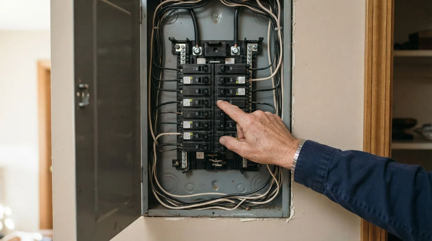 Homeowner resetting a tripped breaker in an Oklahoma City panel