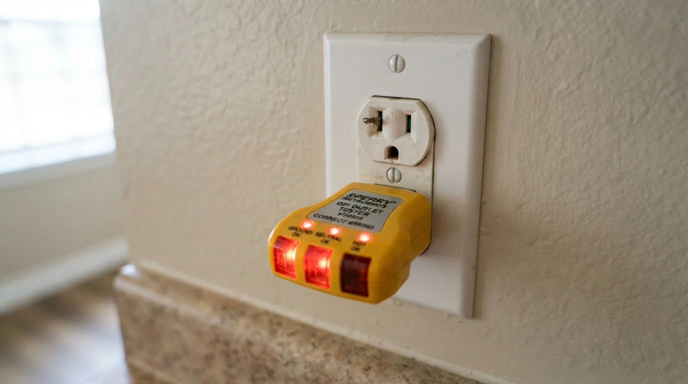 Testing an outlet with a plug-in tester during an inspection in Oklahoma City