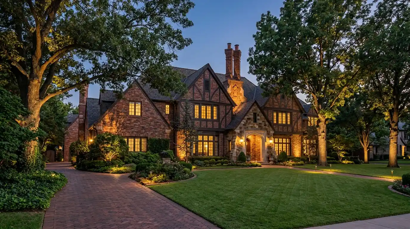 Large older home with landscape lighting in Nichols Hills