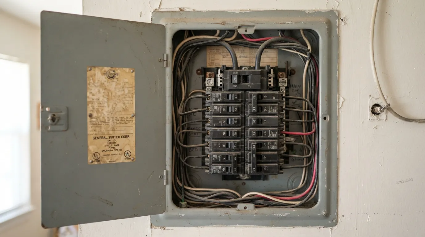 Older breaker panel label being checked during an inspection in Oklahoma City